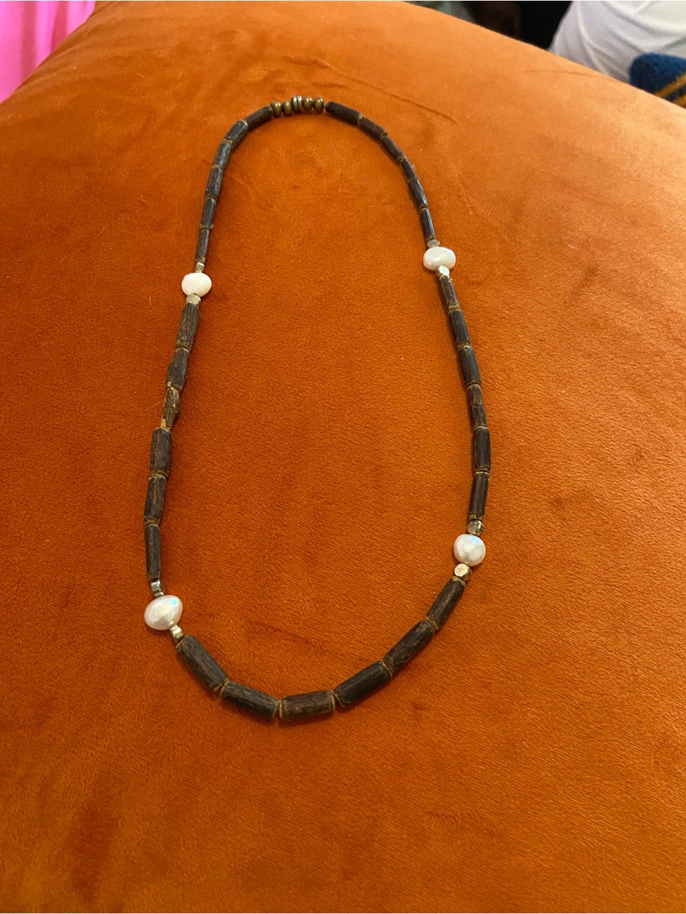 Natural Brown Wood and White Pearl Necklace - Women Jewelry